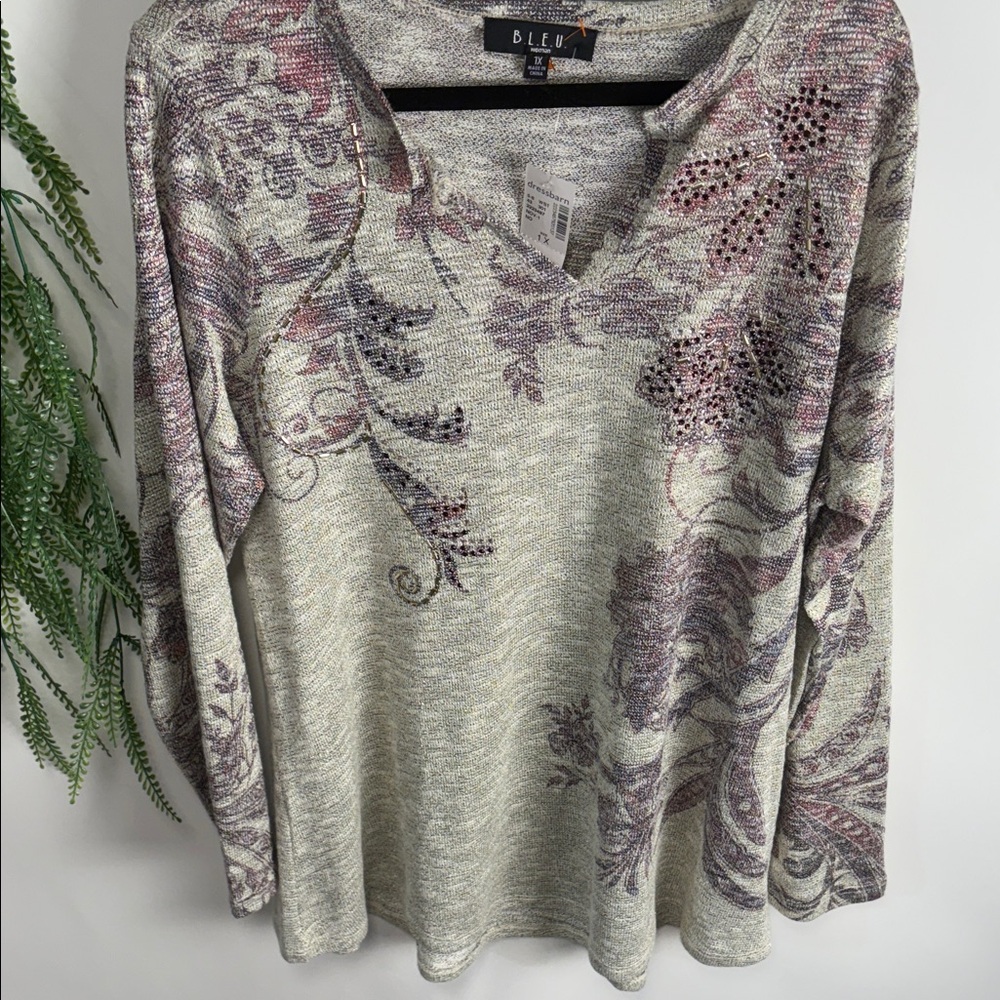 B.L.E.U. Women's Floral Long Sleeve Top - Purple and Gray